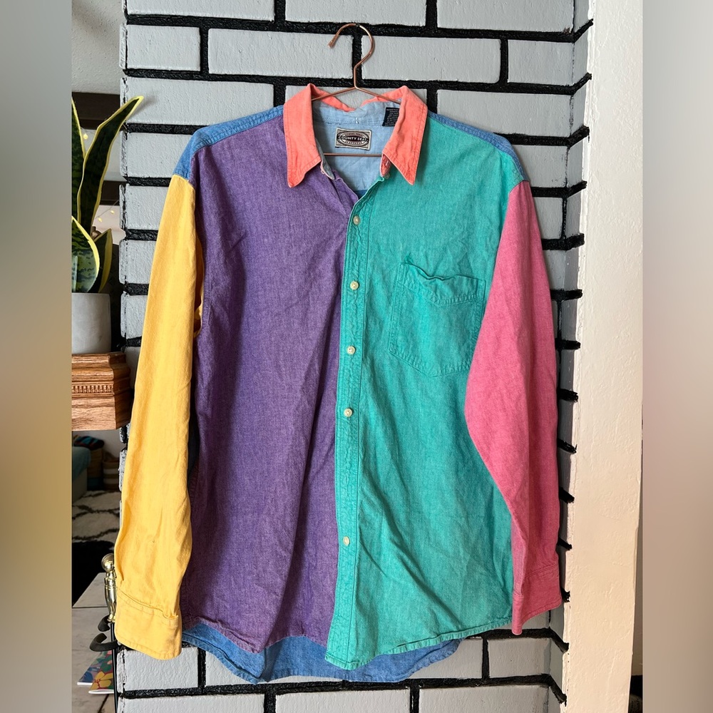 VINTAGE Multi-Color 100% Cotton Denim button up shirt- Size L! Big time 90s vibe